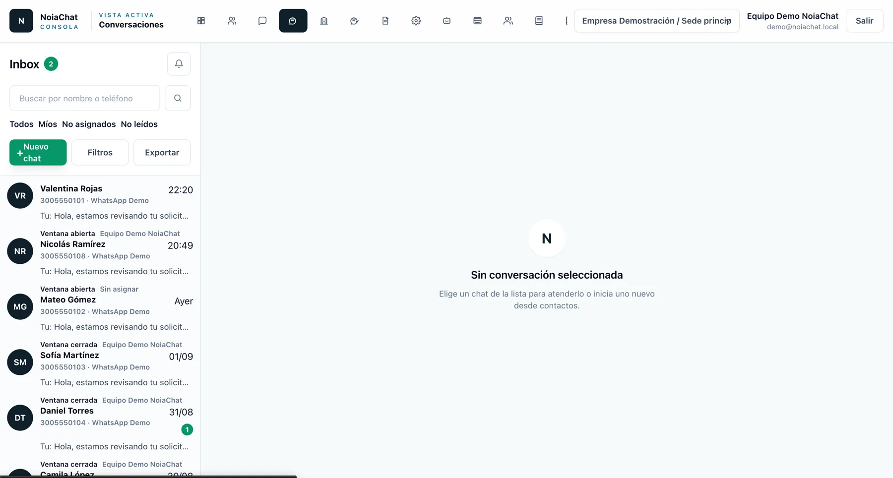 Vista real del inbox de NoiaChat con conversaciones y datos de demostración
