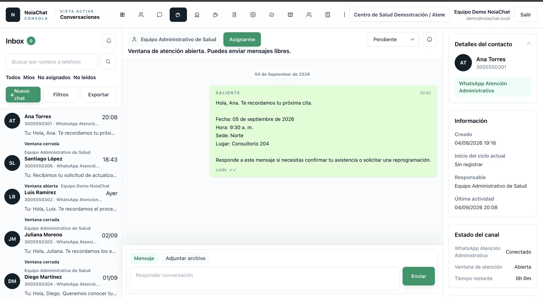 Interfaz real de NoiaChat con un recordatorio de cita y datos ficticios de demostración