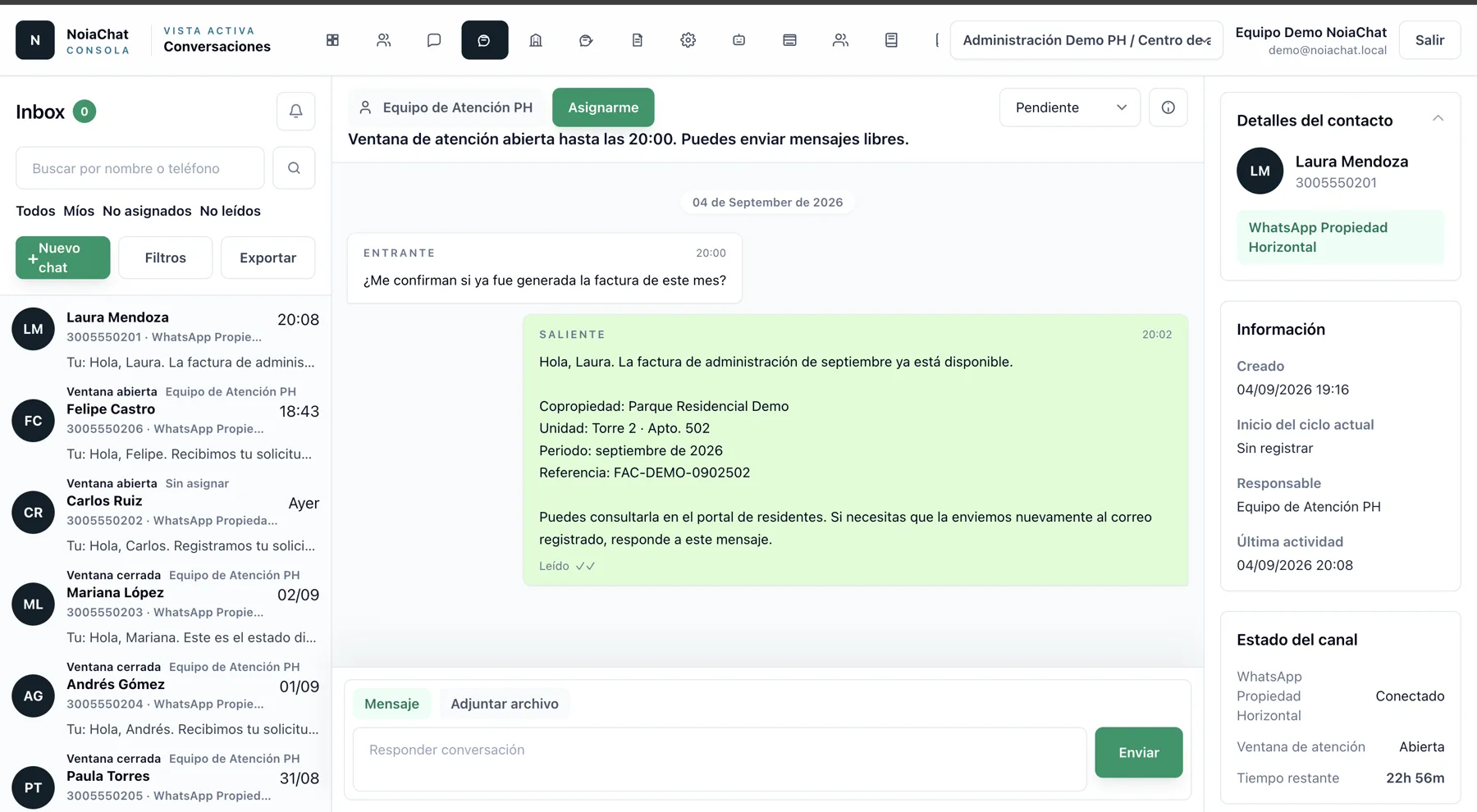 Interfaz real de NoiaChat con el envío de una factura de administración y datos ficticios de demostración